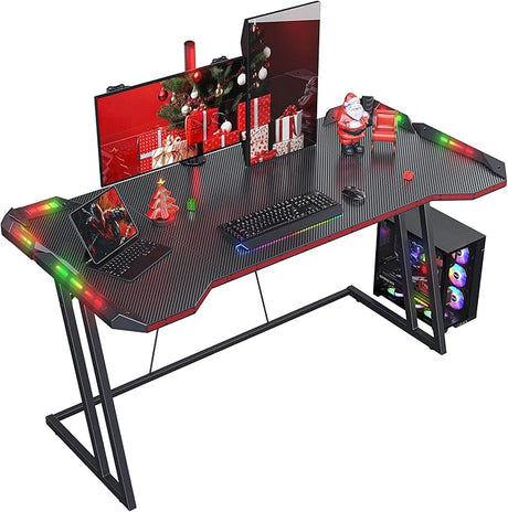 Gaming Desk with LED Lights, 47 Inch Z Shaped Gamer Desk, Home Game Computer