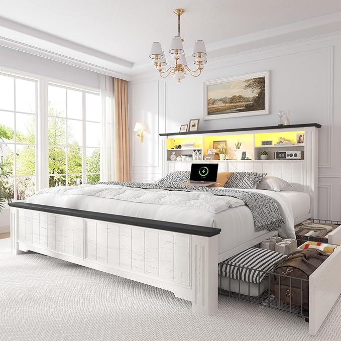 Headboard and Storage, 4 Drawers & LED & USB Bed Frame Queen Size with Storage
