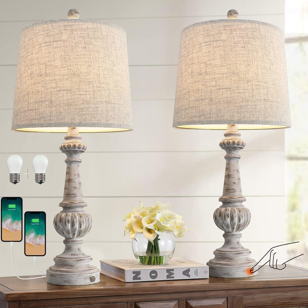 25.75" Traditional 3-Way Dimmable Table Lamp Set of 2 for Living Room Bedside