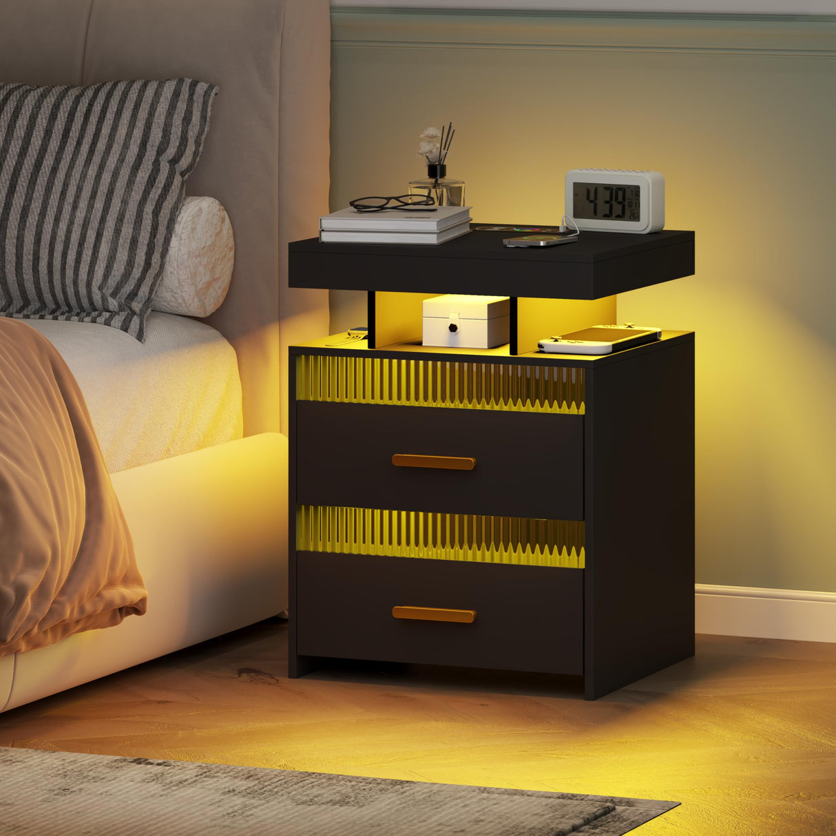 Nightstand with Charging Station and LED Lights, Night Stand with 2 Drawers, Wood Smart