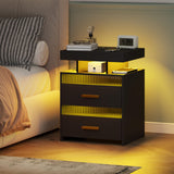 Nightstand with Charging Station and LED Lights, Night Stand with 2 Drawers, Wood Smart