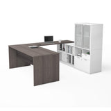 3 Plus U-Shaped Executive Desk with Frosted Glass Doors Hutch, 72W, Bark Grey