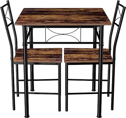 3-Piece Metal and Wood Indoor Modern Square Dining Table Furniture Set