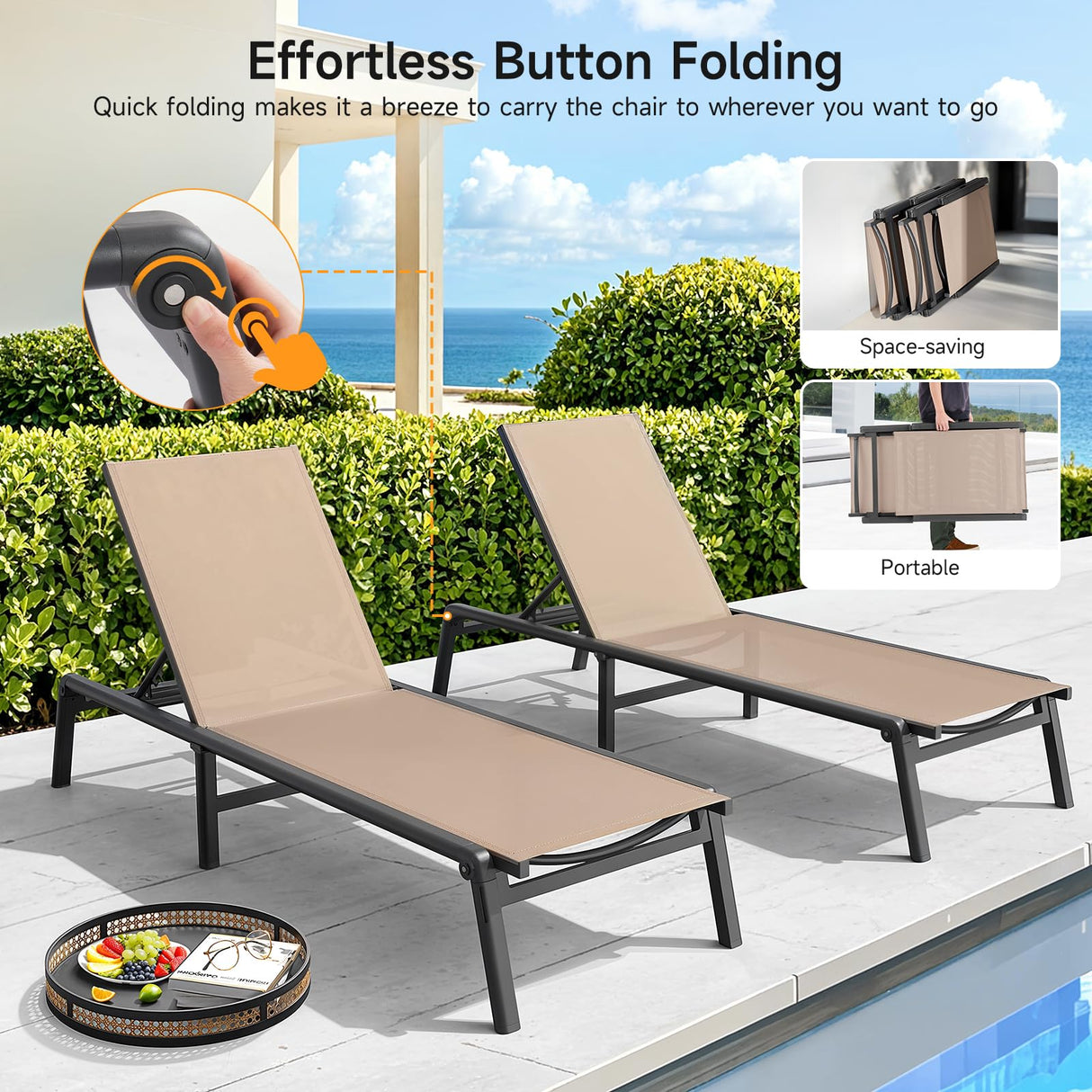 ONBRILL Aluminum Chaise Lounge Chair Outdoor, Foldable & Assembly Free Outdoor Lounge Chair with 5 Position Adjustable Backrest, Patio Pool Lounge Chairs for Outside Poolside Beach Lawn, 1PC, Khaki