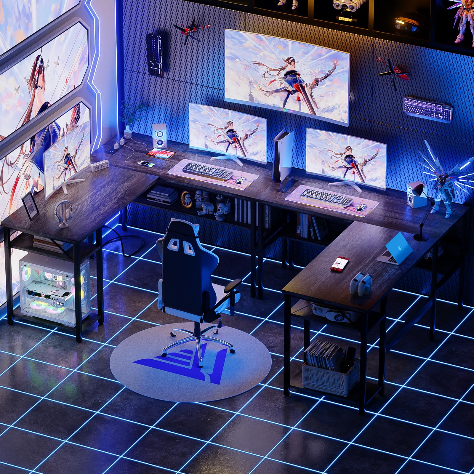 Reversible L Shaped Desk with Magic Power Outlets and USB Charging Ports