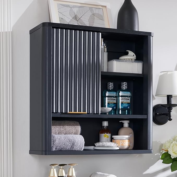 Bathroom Wall Cabinet w/Fluted Sliding Door, Modern Medicine Cabinet w/Faux Marble