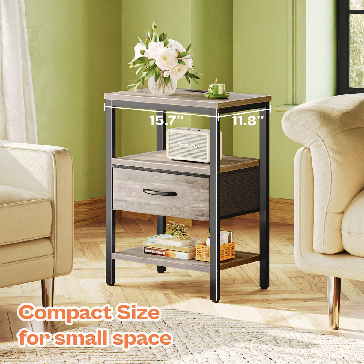 Nightstand with Charging Station, Bed Side Table with Adjustable Fabric Drawer