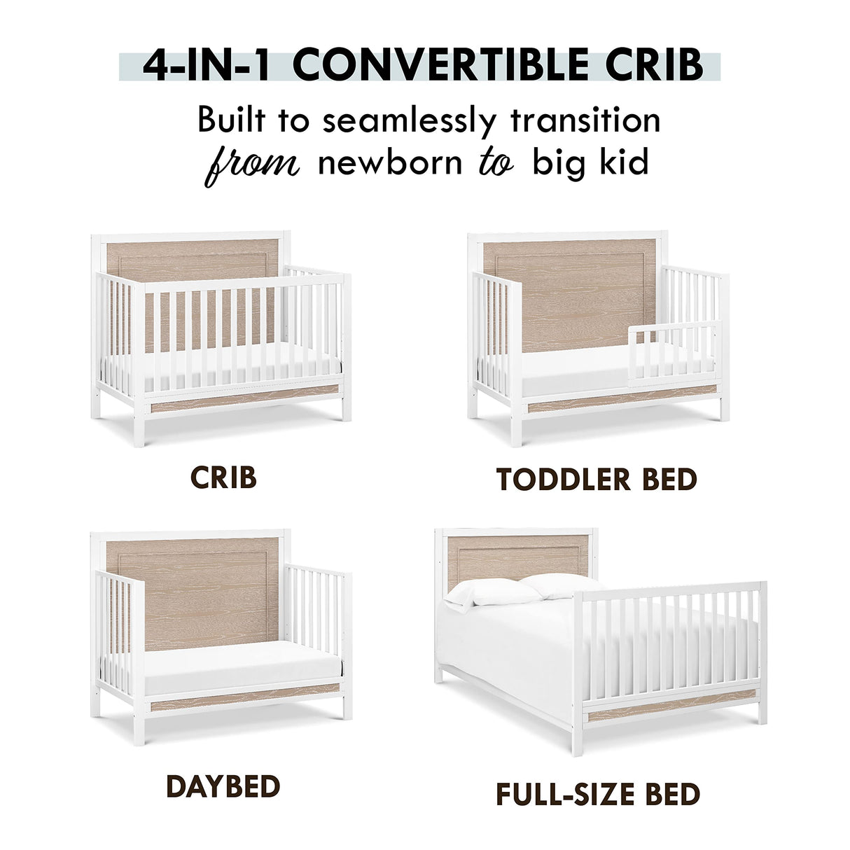 Radley 4-in-1 Convertible Crib in White & Coastwood, Greenguard Gold Certified