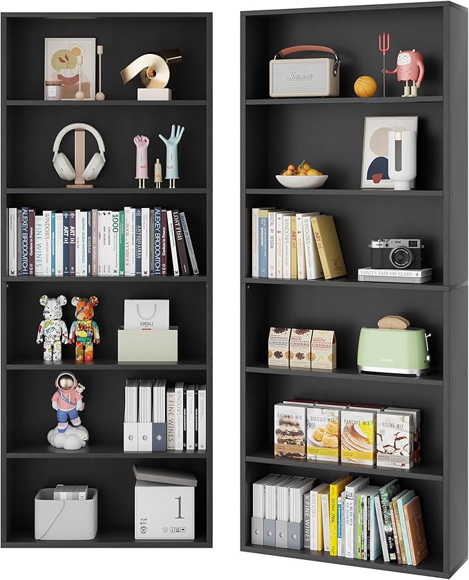 6-Tier Open Bookcase and Bookshelf, Floor Standing Wood Display Storage Shelves 71 Inch Tall Bookcase Home Decor Furniture for Home Office, Living Room, Bed Room, Black