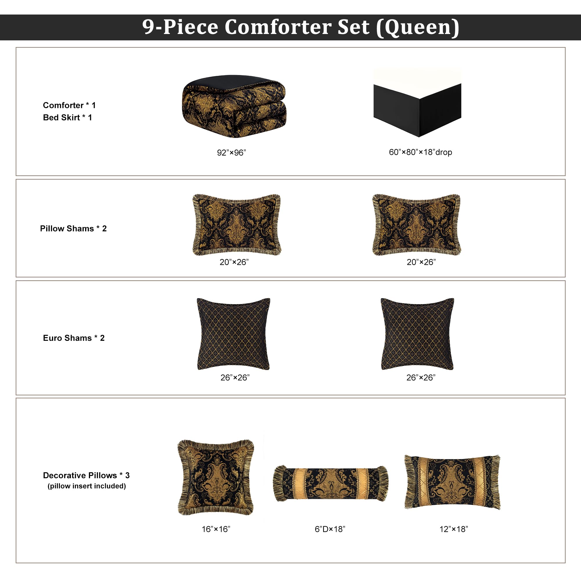 9-Piece Black Damask Jacquard Comforter Set - Queen