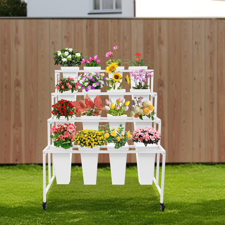 Flower Display Stand with Buckets, 4 Layers Metal Plant Stand with 16 Buckets