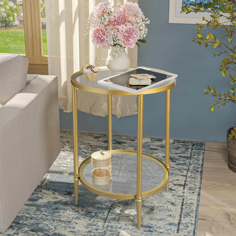 2 Tier Round Side Table, Gold End Table with Glass Top, Modern Metal Clear Coffee Table