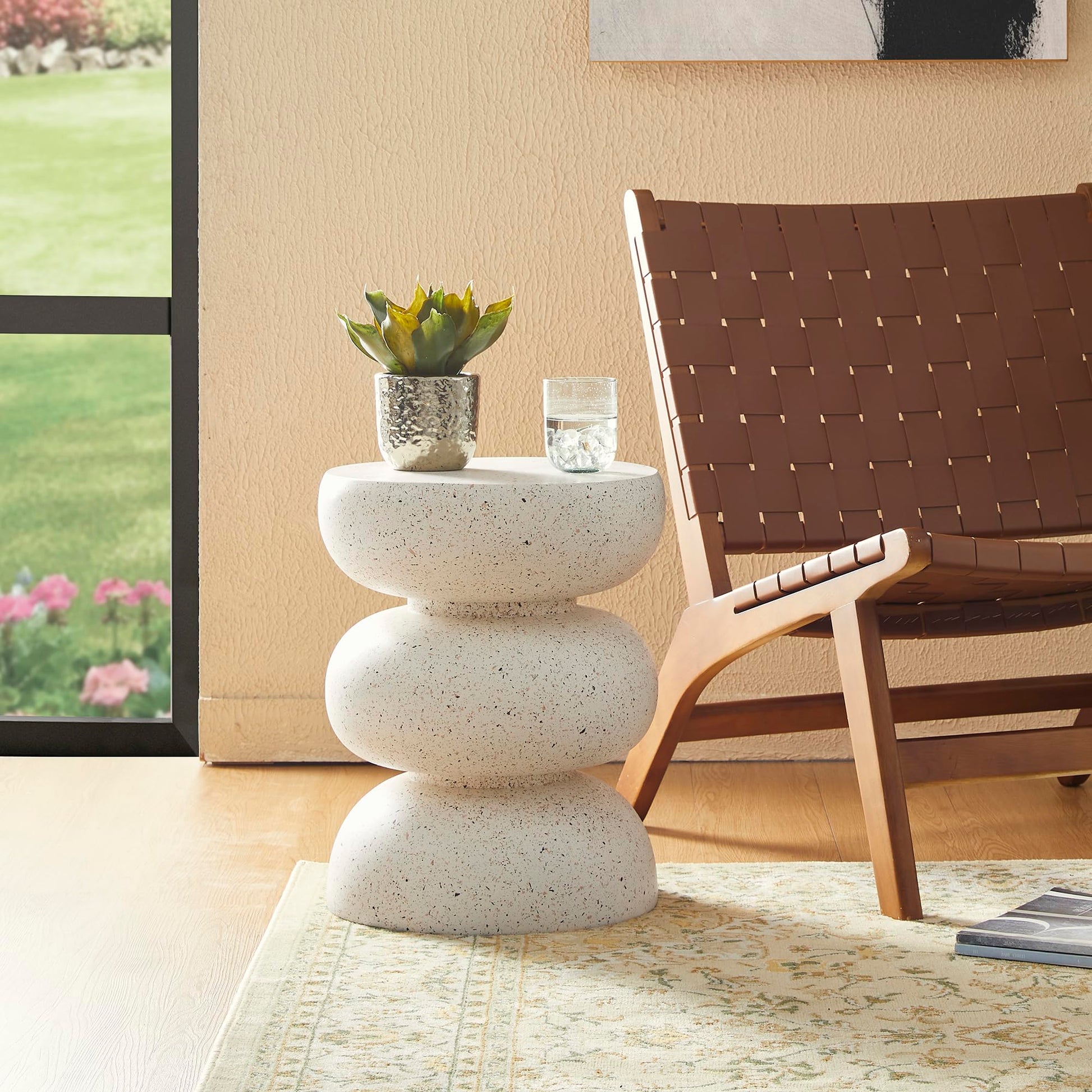 Glitzhome Outdoor Side Table, 18" H Decorative Garden Stool MGO Faux Terrazzo End Table, Heavy Duty Indoor Outdoor Round Planter Stand for Living Room Bedroom Patio Deck Poolside,White - Bircata