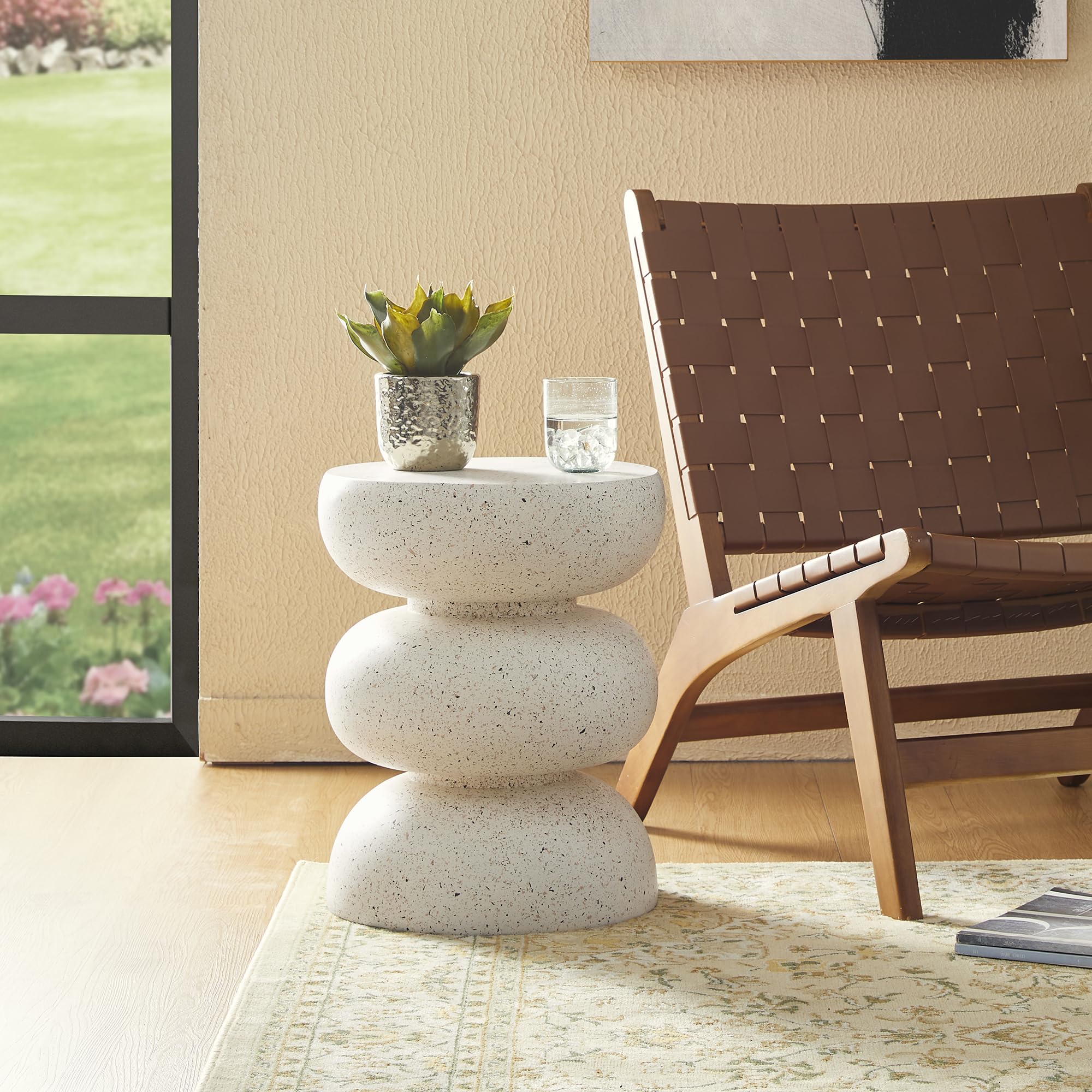 Glitzhome Outdoor Side Table, 18" H Decorative Garden Stool MGO Faux Terrazzo End Table, Heavy Duty Indoor Outdoor Round Planter Stand for Living Room Bedroom Patio Deck Poolside,White - Bircata
