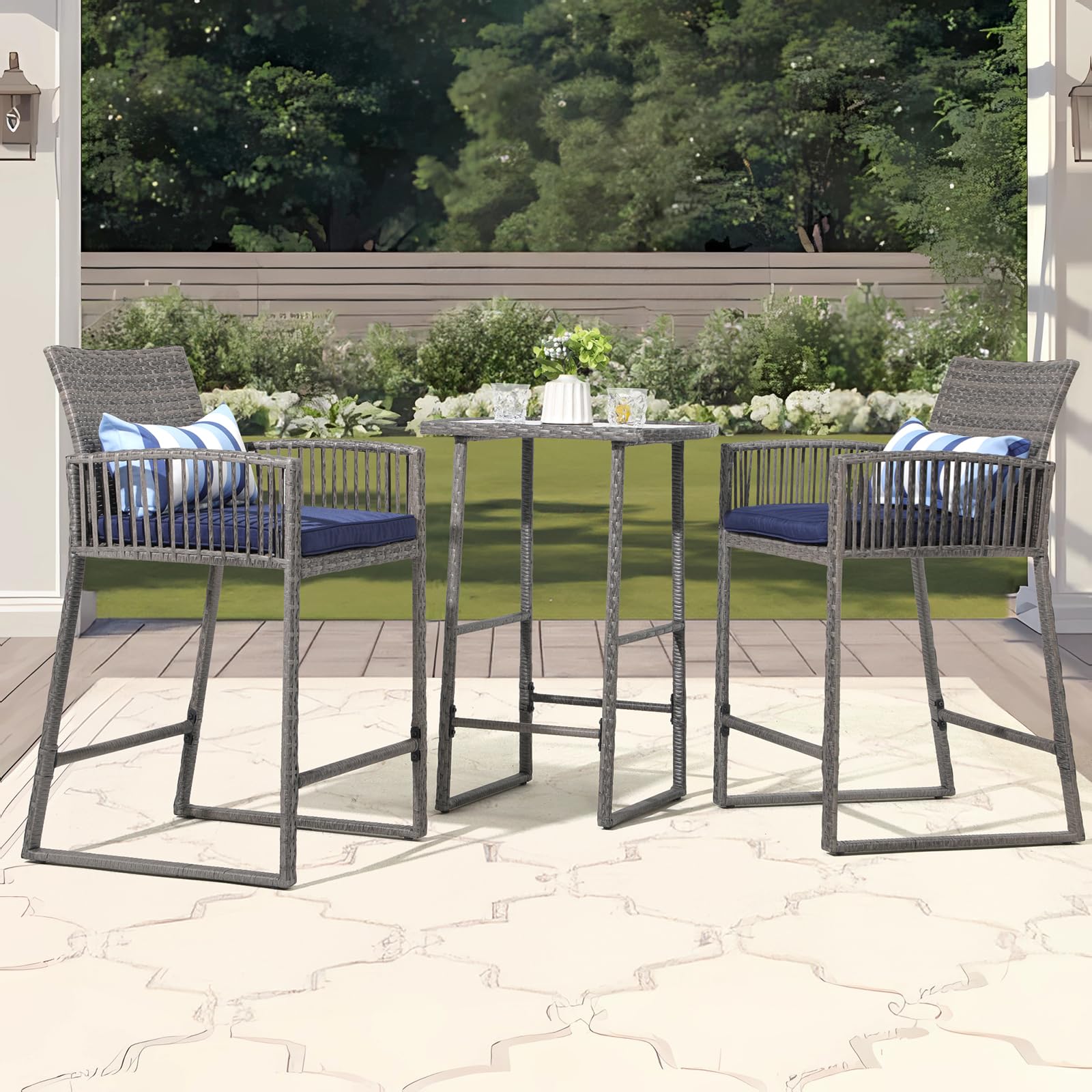3-Piece Outdoor Wicker Bar Height Table Set, 2 Bar Stools and 1 Pub Table