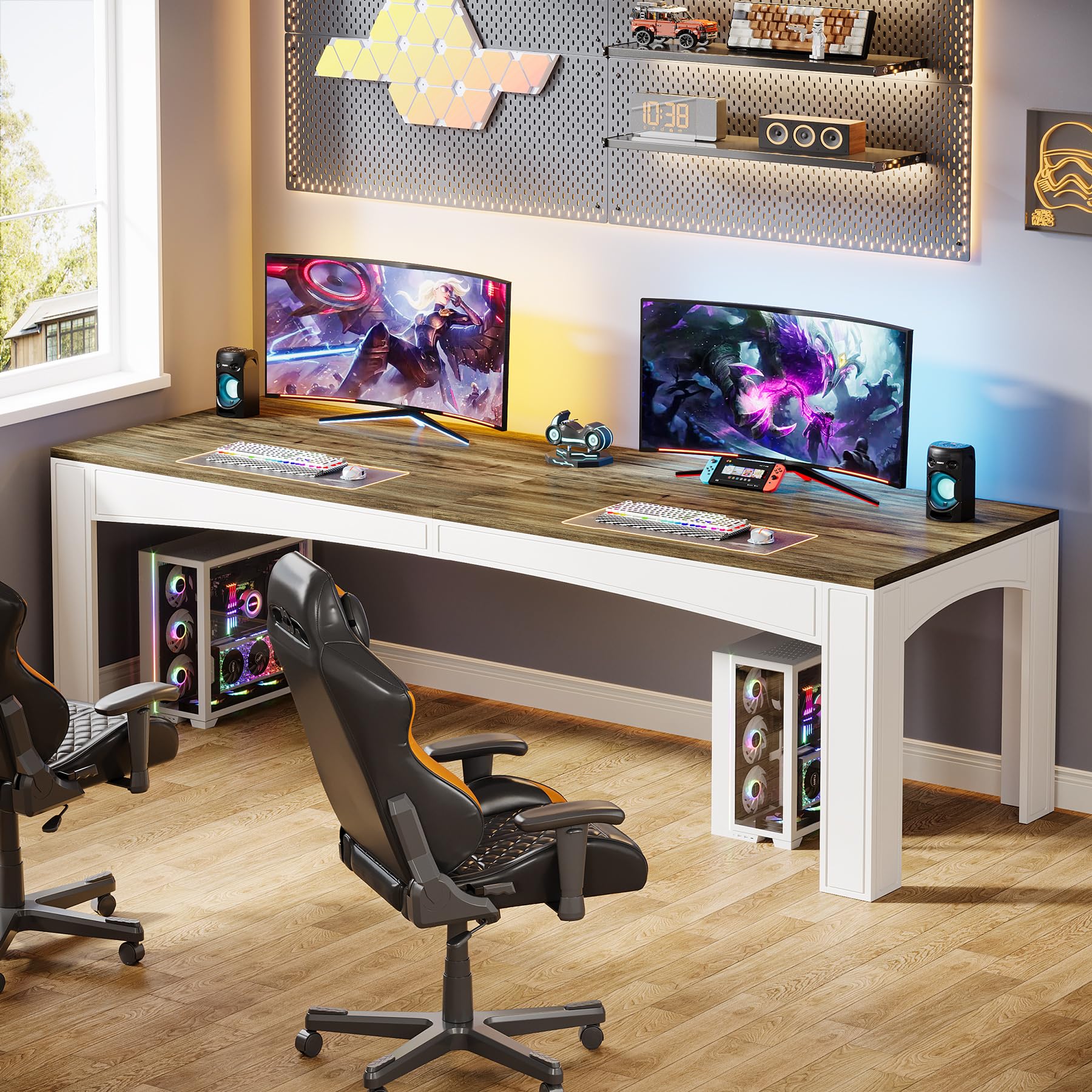 78.74-Inch 2-Person Desk, Extra Long Computer Desk for Two People, Wooden Large Double Desk Work Study Writing Desk for Home Office, Brown & White