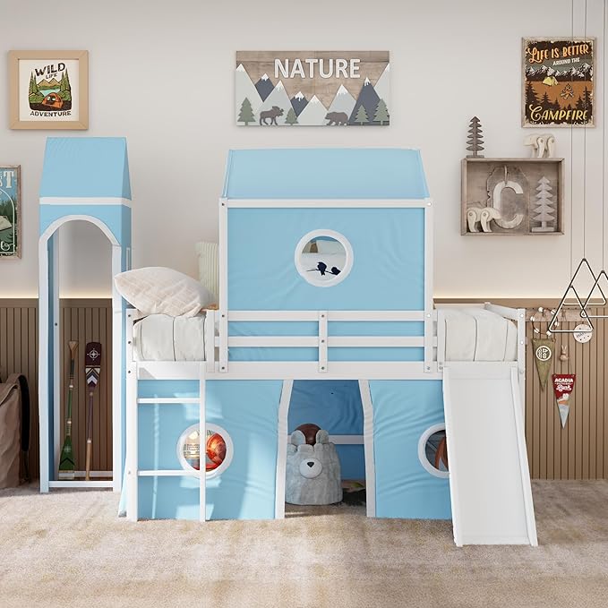 Loft Bed with Slide and Curtains, Full Over Full Floor Bunk Bed with House Shape Tent