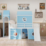 Loft Bed with Slide and Curtains, Full Over Full Floor Bunk Bed with House Shape Tent