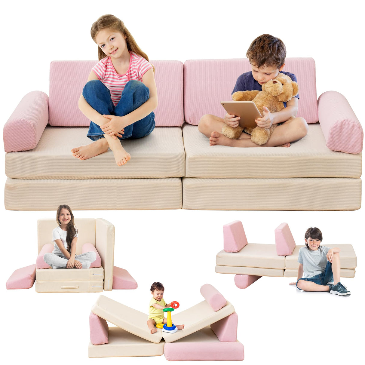 Play Couch, Kids Couch for Playroom, Kids Sofa Couch, 5 Seconds Instant Expansion, Corduroy Fabric, Pink and Beige