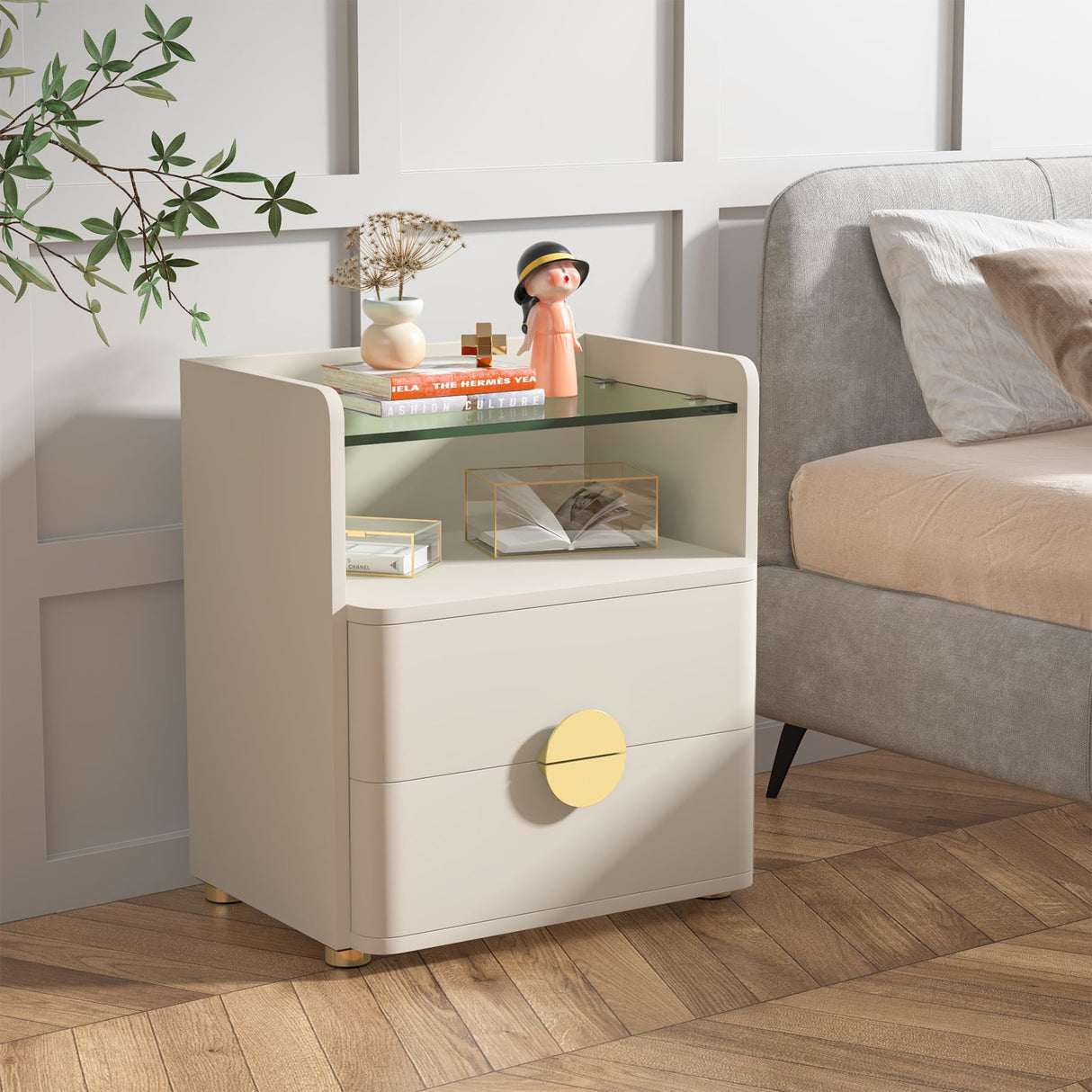 Nightstands Set of 2, Modern Night Stand with Open Tempered Glasses Storage Space,