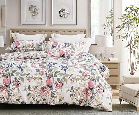 Comforter Queen Size, 600 Thread Count Cotton Blue Floral with Khaki