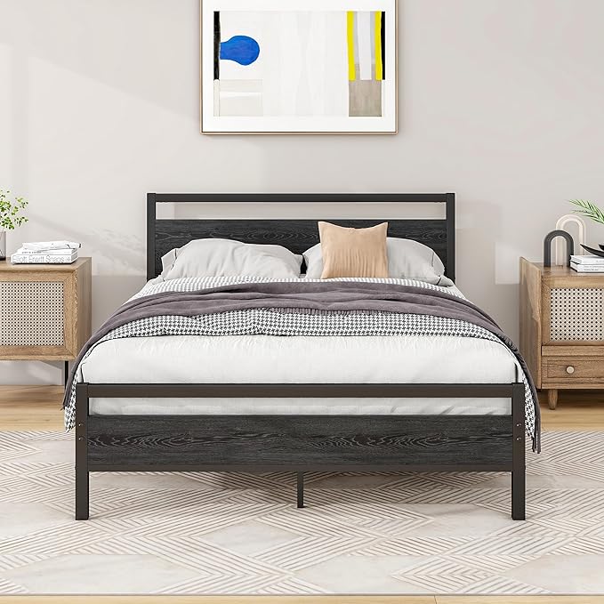 Black Queen Size Bed Frames with Wood Headboard,Heavy Duty Platform Bed Frame