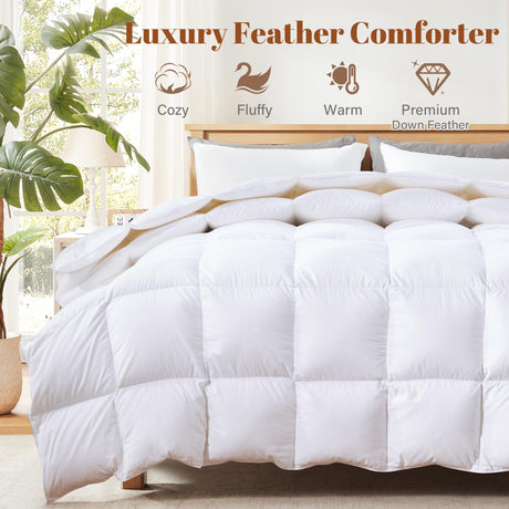 Twin Size Feather Comforter Filled with Feather & Down - All Season White Twin Duvet