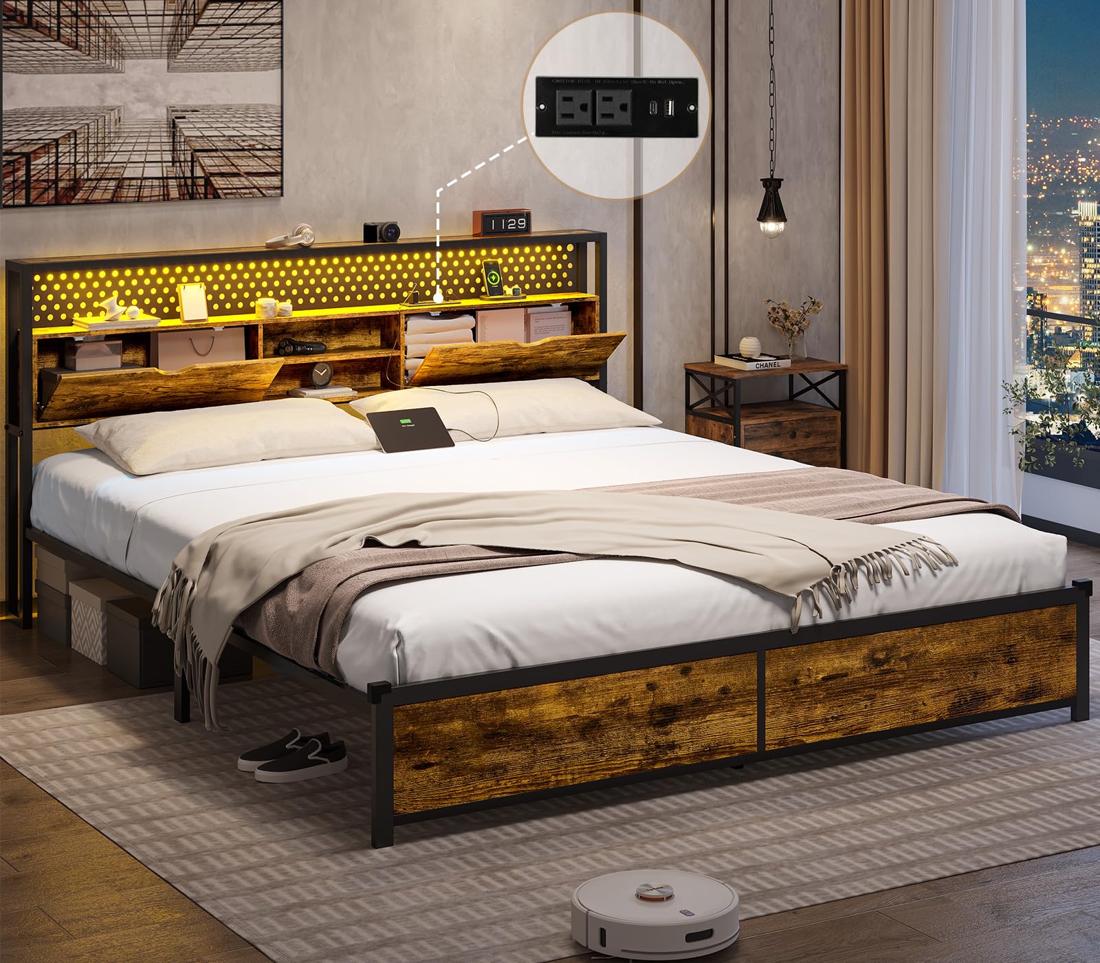 ADORNEVE Queen Bed Frame with Type-C & USB Charging Station, LED Bed Frame Queen Size with Storage Headboard, Metal Platform Bed with Headboard and LED Lights, No Box Spring Needed,Vintage Brown