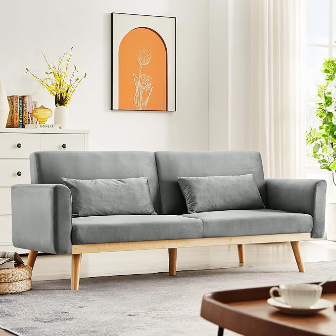 Blue Futon Sofa Bed, Velvet Convertible Sofa Couch Sleeper with Wood Legs & 2 Pillows