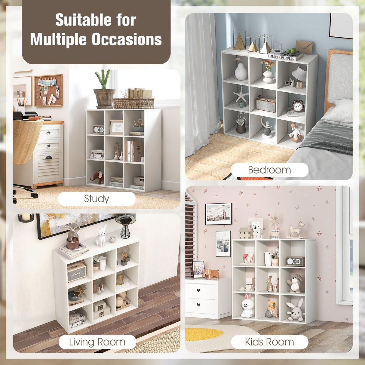 9-Cube Bookshelf, Wooden Open Bookcase, Dual Anti-Tipping Kits, Freestanding Modern Cube Storage Display Shelf for Living Room Kid's Room (White, 9-Cube)