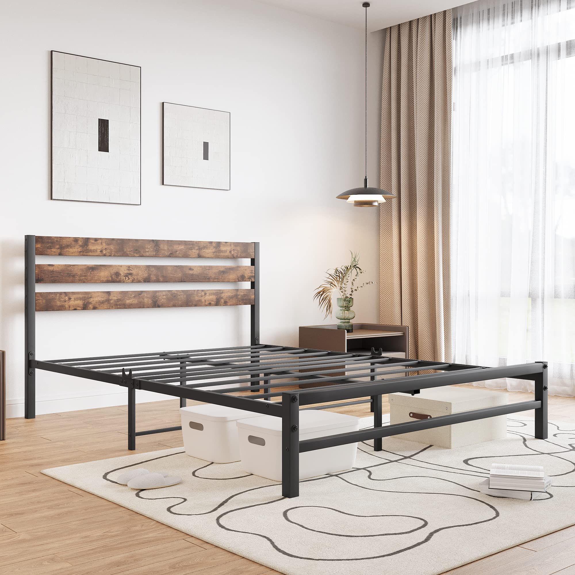 Queen Bed Frame with Vintage Wood Headboard,Mattress