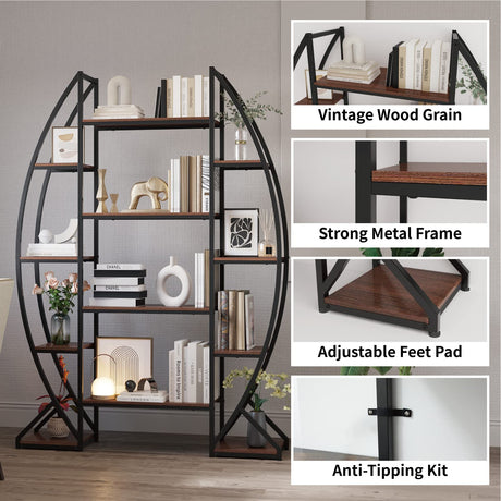 Large Oval Bookshelf, 70“ Tall Open 5 Tier Industrial Bookcases,