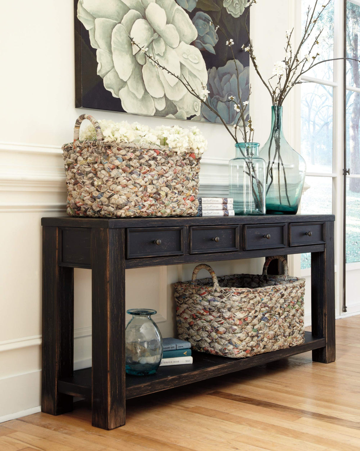 Gavelston Rustic Sofa Table with 4 Drawers and Lower Shelf, Weathered Black