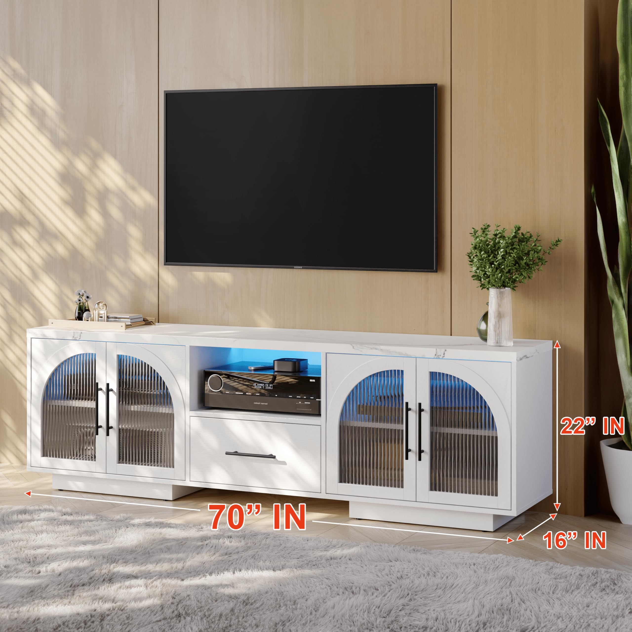 70" TV Stand for 80 Inch TVs, Entertainment Center with LED Lights and Arched Glass Doors