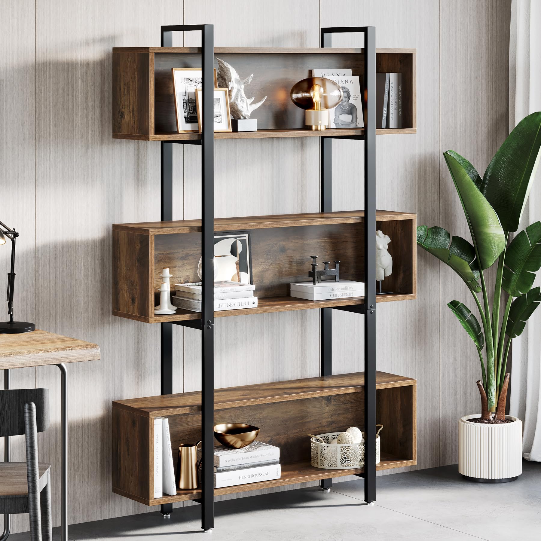 Industrial 6-Tier Bookshelf, 70.9-Inch Tall Bookcase with Open Shelves, Brown and Black Etagere Bookcase Wood and Metal Decorative Book Shelf Display Shelf for Home Office, Living Room