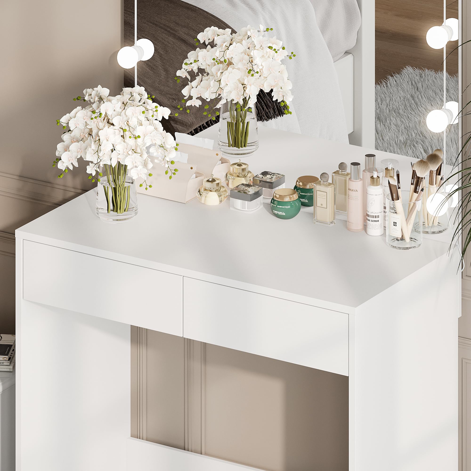 Vanity Desk with Large Mirror and Lights, 35.1 Inch Makeup Vanity Table with 3 Lighting Color Adjustable