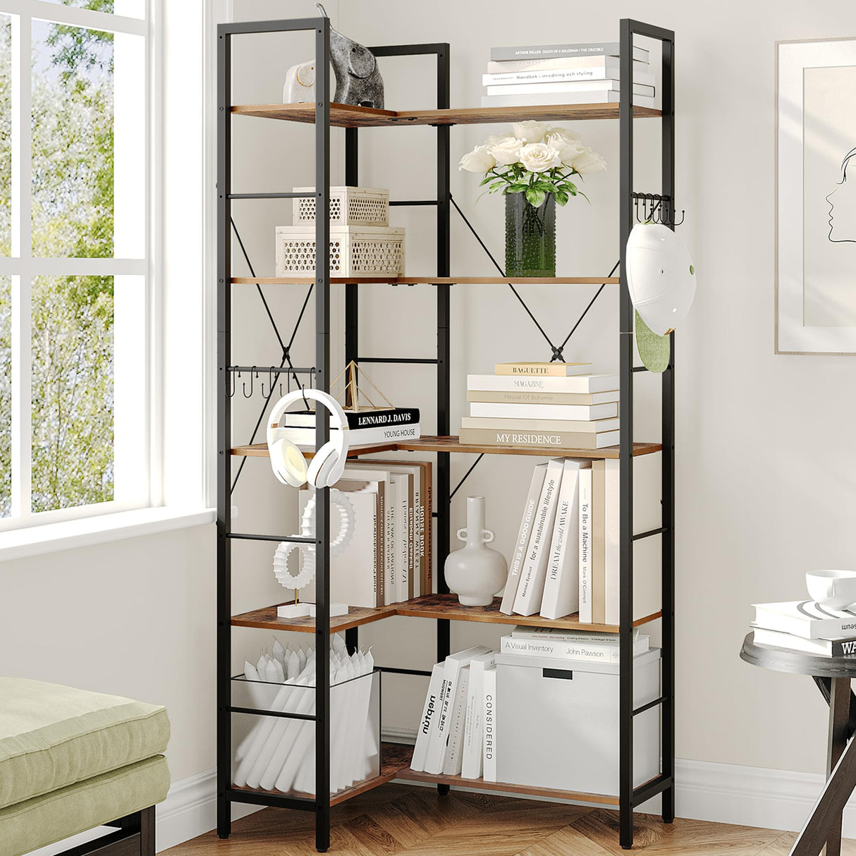 Corner Bookshelf Bookcase, Industrial Bookshelves, Modern Tall Bookcases,