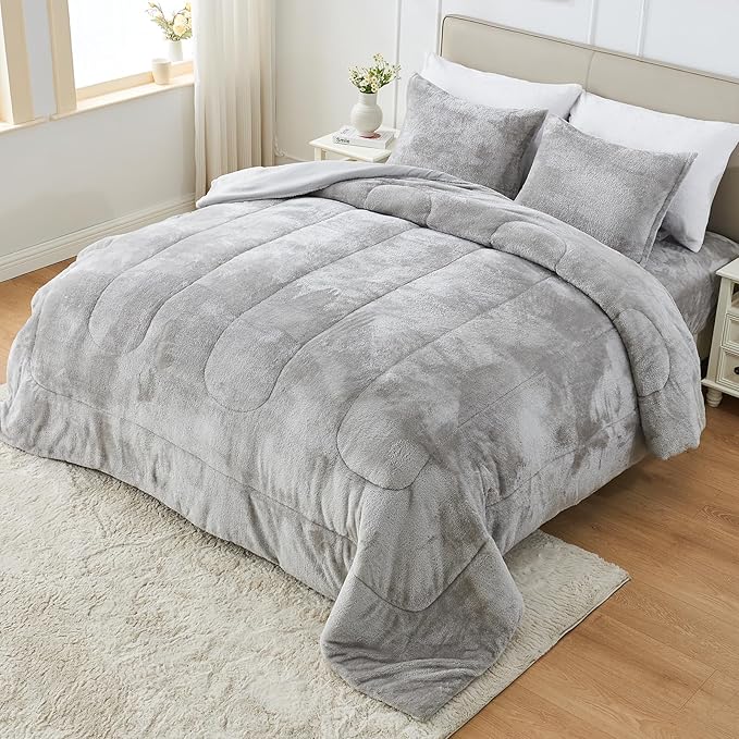Faux Fur Comforter Set Queen Size with Fitted Sheet, Luxury Ultra Soft Fuzzy Comforter