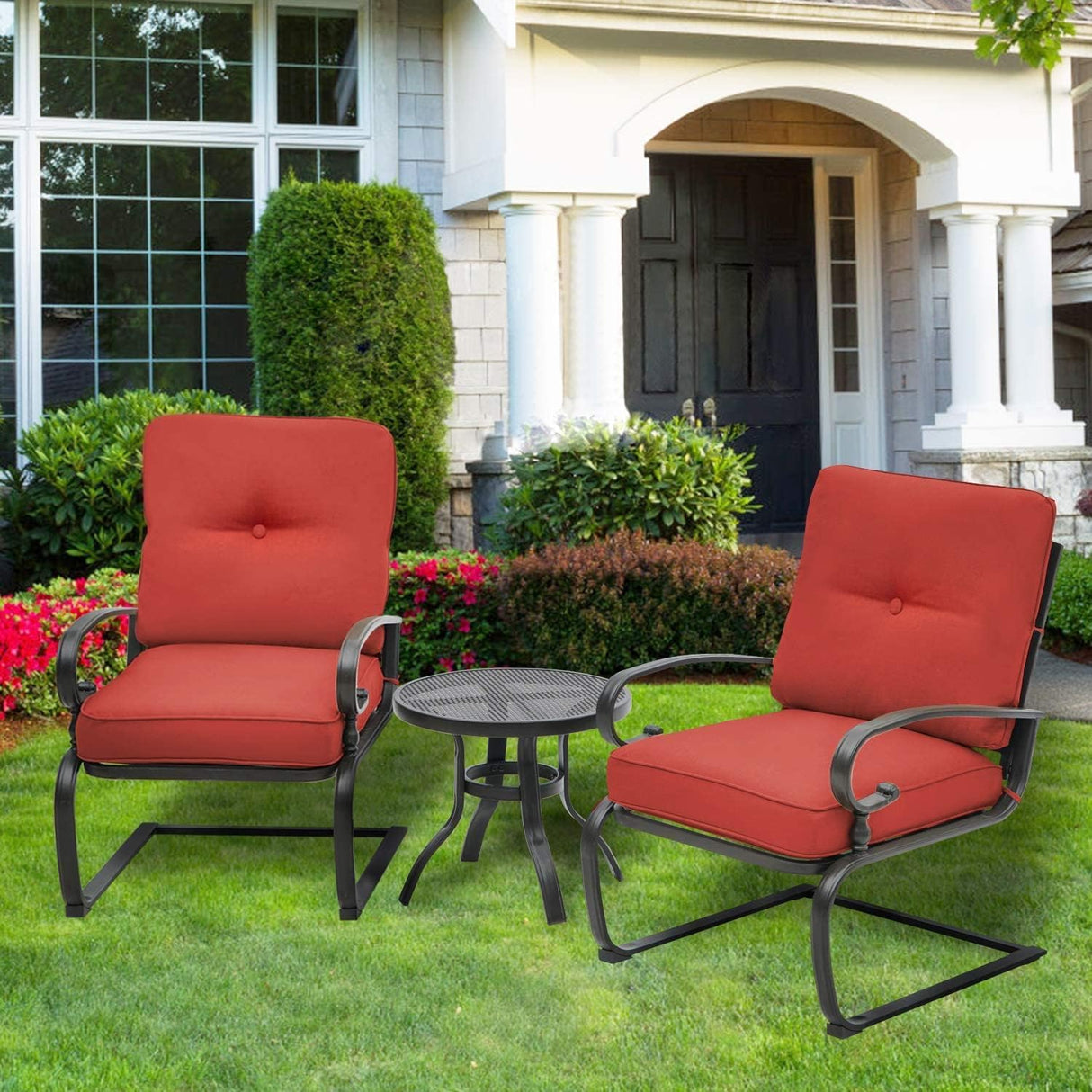 SUNCROWN 3-Piece Outdoor Patio Bistro Set， Spring Motion Chairs and Bistro Round Table Set, Steel Frame Conversation Furniture Set with Cushions（Red）