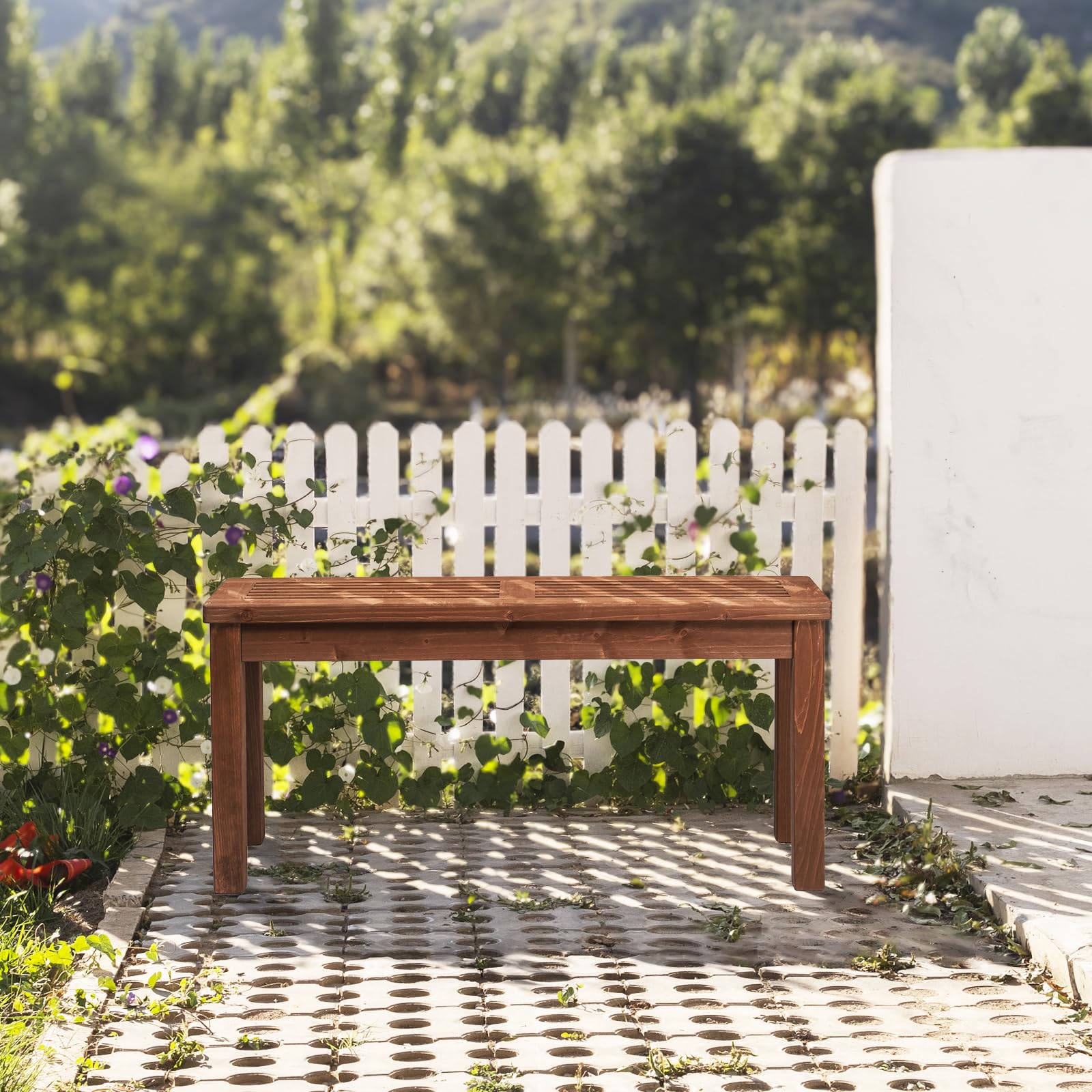 Outdoor Wooden Bench, 40” Porch Bench Garden Bench Outdoor Backless Bench