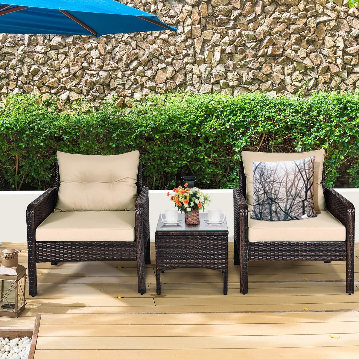 3 Piece Outdoor Patio Furniture Set for 2, Wicker Chairs with Glass Top Coffee Table