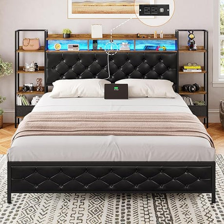 Bed Frame King Size with Bookcase Storage Headboard and Charging Station King