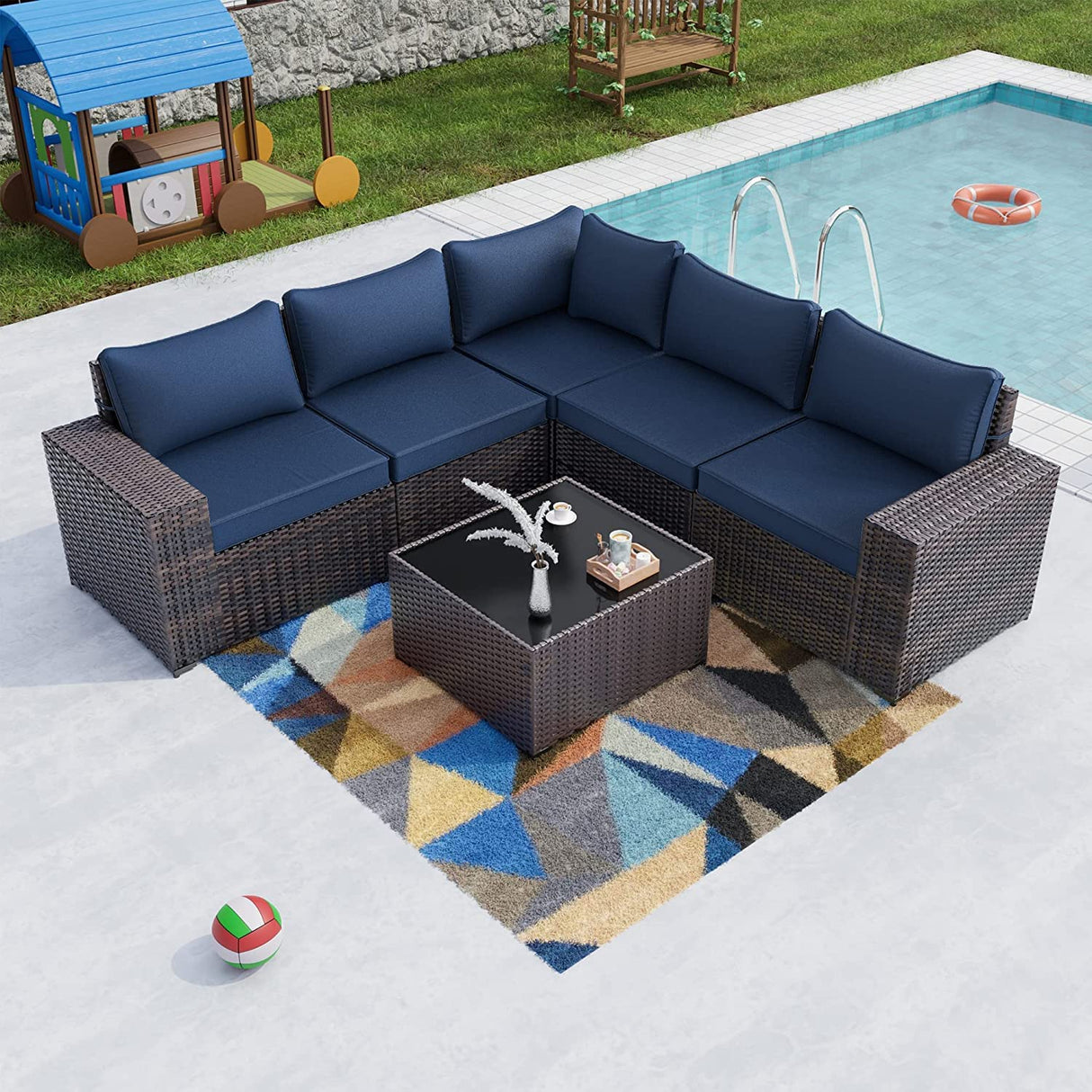 Outdoor Patio Furniture Set 6 Pieces Sectional Rattan Sofa Set Brown PE Rattan Wicker