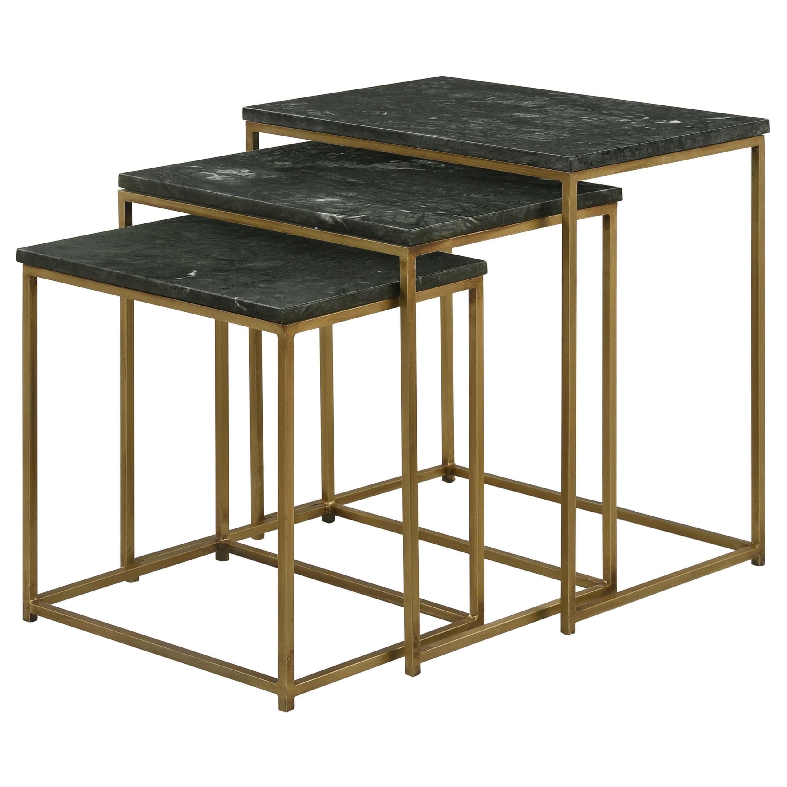 Benjara Agi 3 Piece Nesting Side Table Set, Square Marble, Metal Frame, Green and Gold