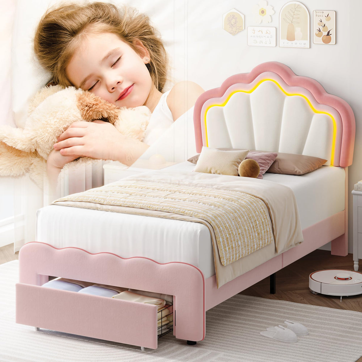 Twin Upholstered LED Bed Frame with Storage Drawer, Cute Girls Bed with Adjustable