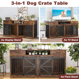 63" Double Dog Crate Furniture with Sliding Door & Charging Station