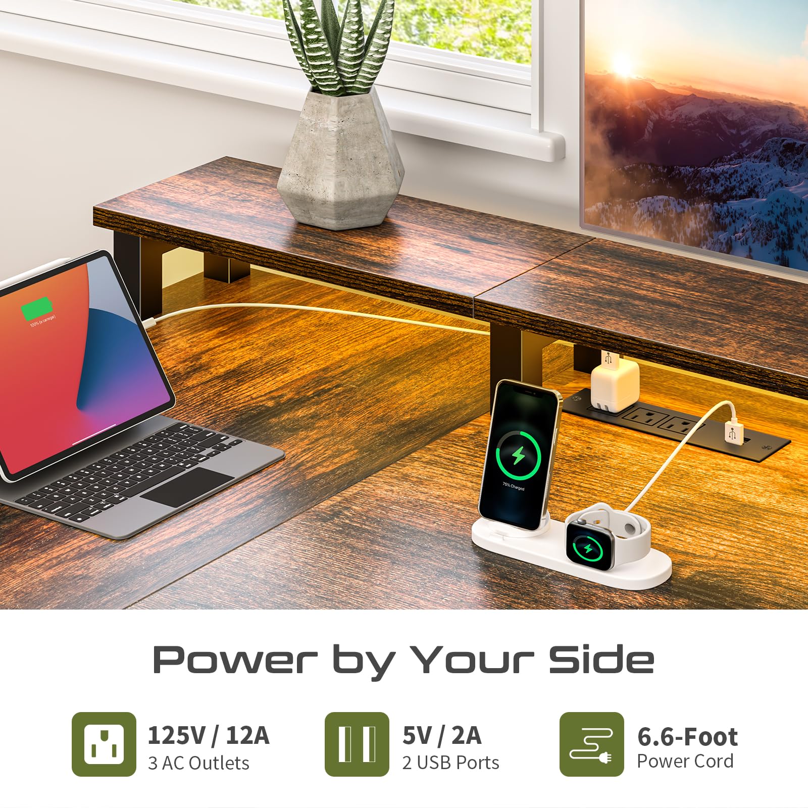 L Shaped Desk with Drawers, LED Computer Desk with Power Outlets, 75" Reversible