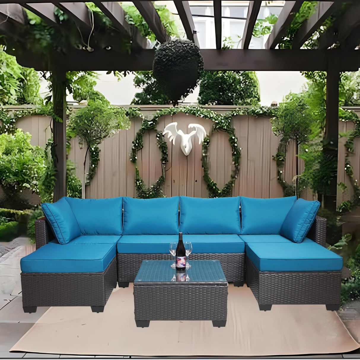 Outdoor Conversation Set Modern Outdoor Furniture 7PC Rattan Black Blue 4 Chair