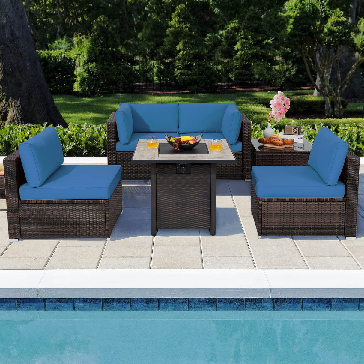 6 Piece Outdoor Rattan Sofa Set with 30in Propane Gas Fire Table