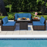 6 Piece Outdoor Rattan Sofa Set with 30in Propane Gas Fire Table